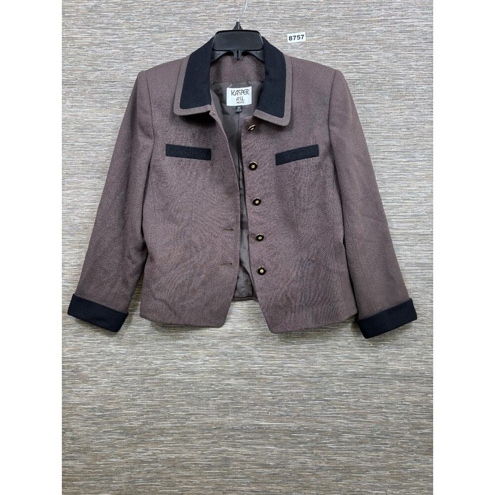 VTG Kasper ASL Blazer Sz 10P Wool Moss Brown Black Trim Corporate Casual Career